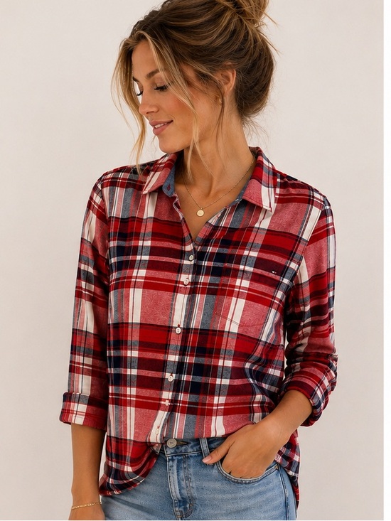 Tommy Hilfiger Tops - Tommy Hilfiger Women’s S Petite Plaid Flannel Shirt Red 100% Cotton Button Up